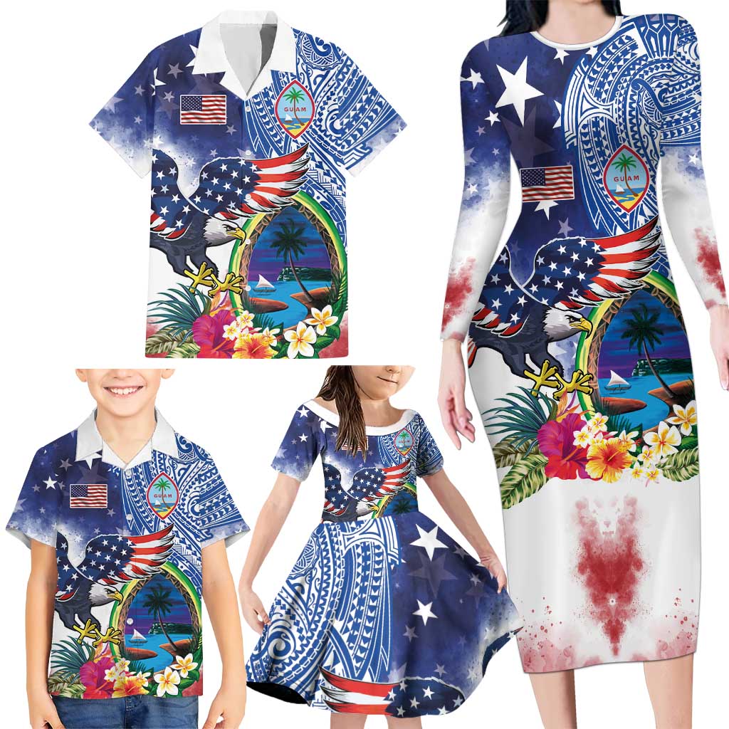 Guam and United States Together Family Matching Long Sleeve Bodycon Dress and Hawaiian Shirt Bald Eagle and Guam Seal with Flower and Tribal Tattoos LT03 - Polynesian Pride