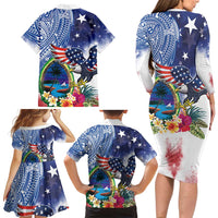 Guam and United States Together Family Matching Long Sleeve Bodycon Dress and Hawaiian Shirt Bald Eagle and Guam Seal with Flower and Tribal Tattoos LT03 - Polynesian Pride