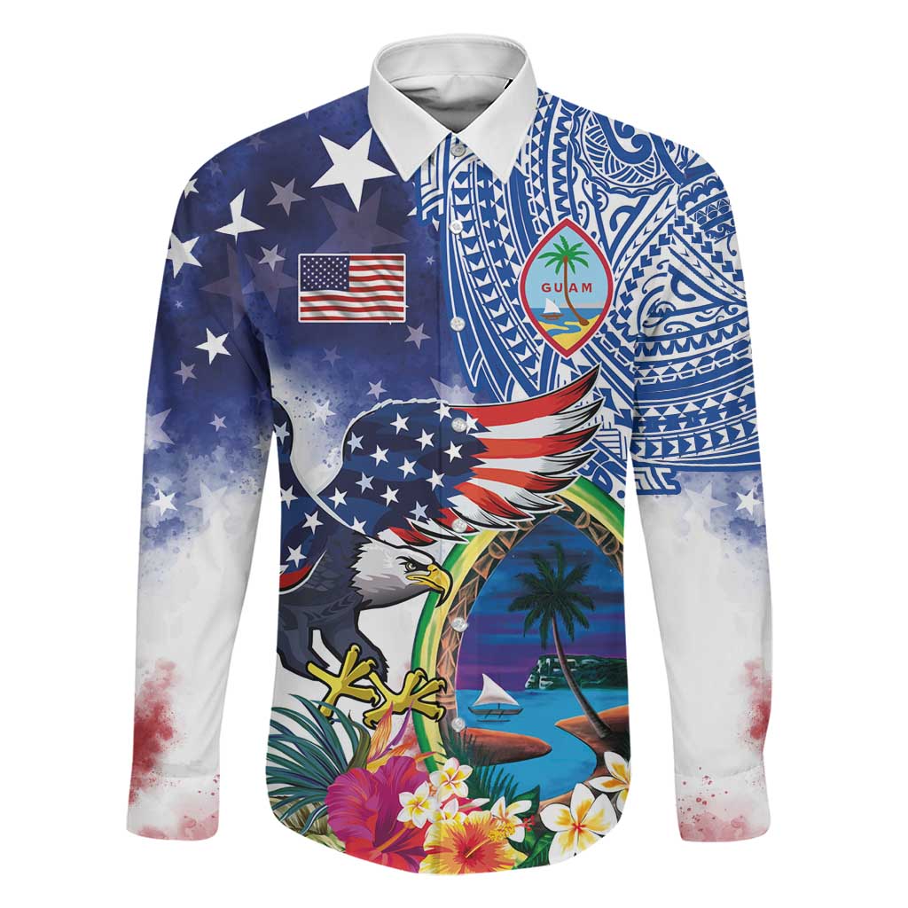 Guam and United States Together Family Matching Mermaid Dress and Hawaiian Shirt Bald Eagle and Guam Seal with Flower and Tribal Tattoos LT03 Dad's Shirt - Long Sleeve Multicolor - Polynesian Pride