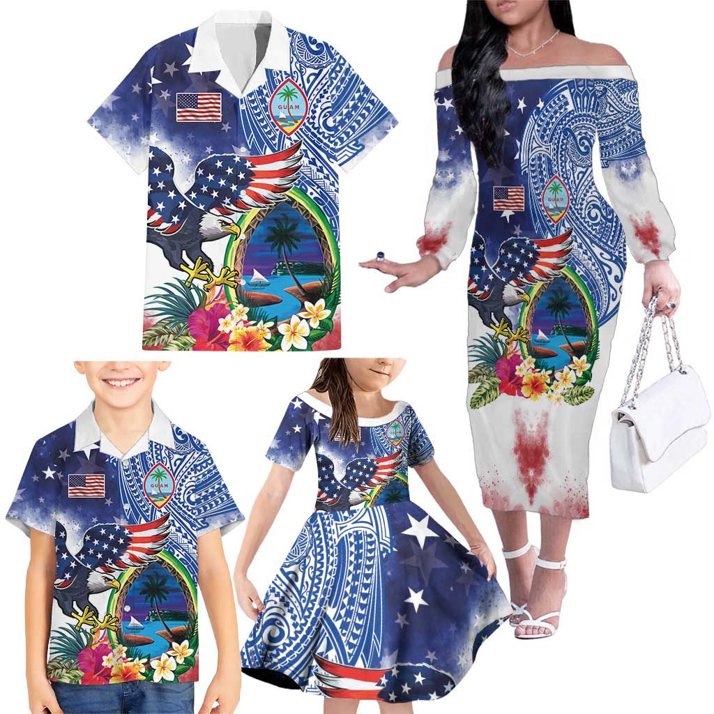 Guam and United States Together Family Matching Off The Shoulder Long Sleeve Dress and Hawaiian Shirt Bald Eagle and Guam Seal with Flower and Tribal Tattoos - Polynesian Pride