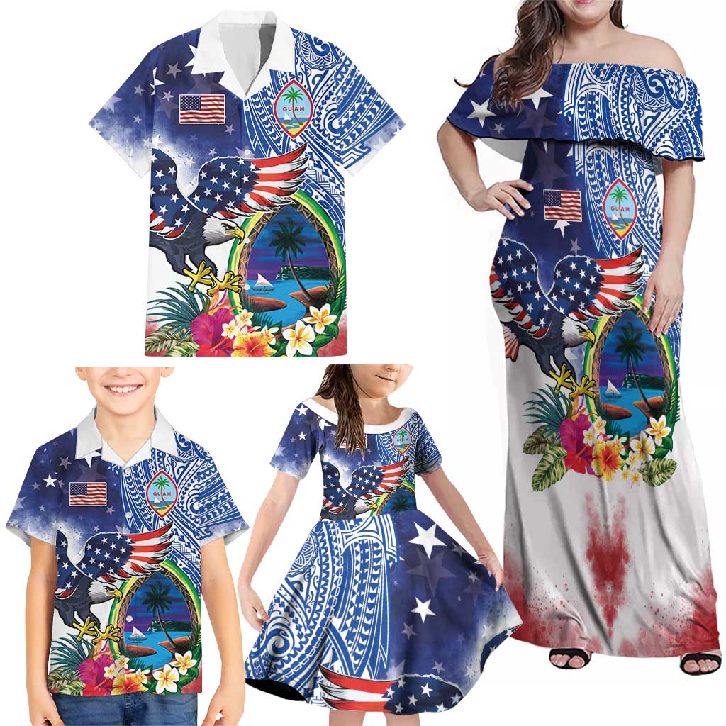 Guam and United States Together Family Matching Off Shoulder Maxi Dress and Hawaiian Shirt Bald Eagle and Guam Seal with Flower and Tribal Tattoos LT03 - Polynesian Pride