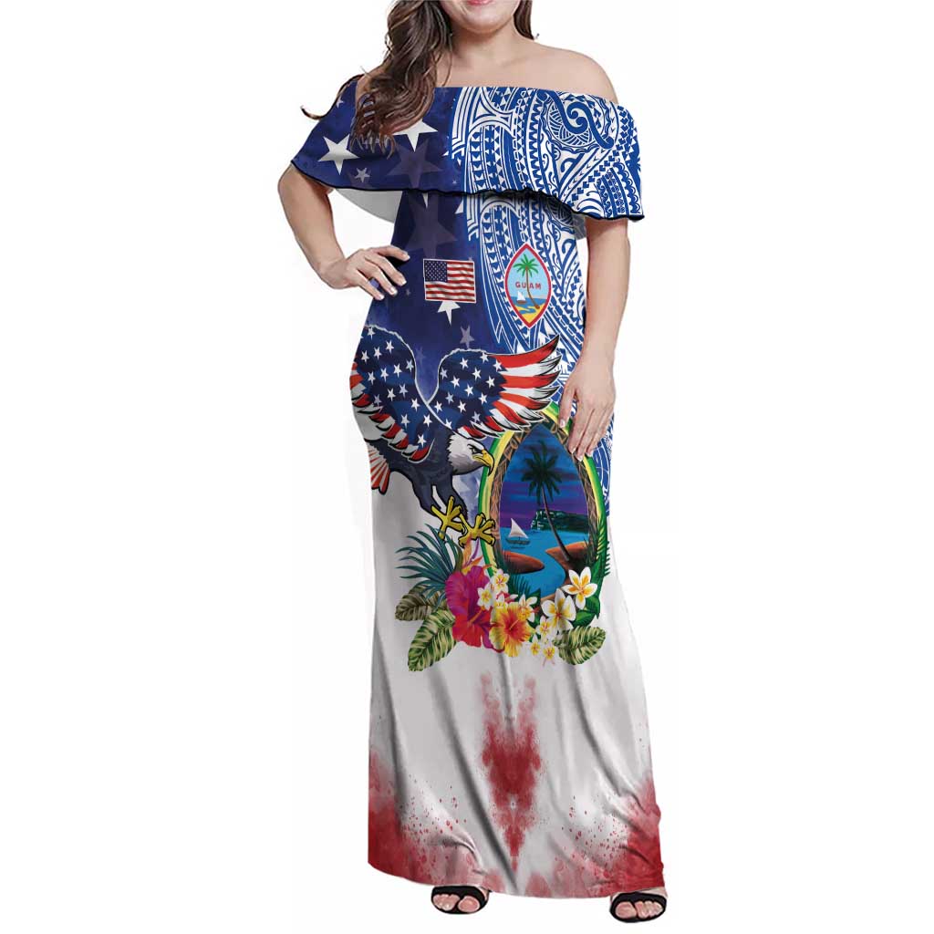 Guam and United States Together Family Matching Off Shoulder Maxi Dress and Hawaiian Shirt Bald Eagle and Guam Seal with Flower and Tribal Tattoos LT03 Mom's Dress Multicolor - Polynesian Pride