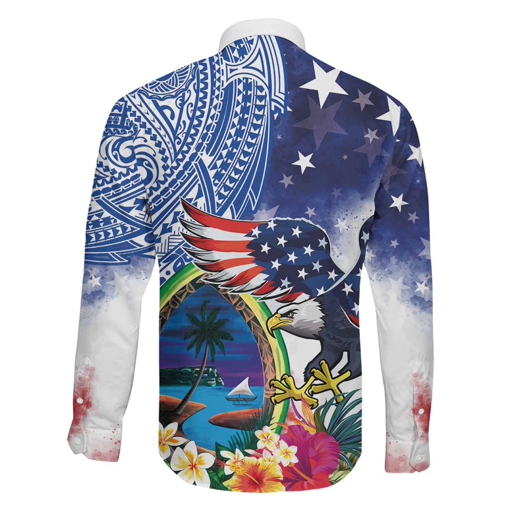 Guam and United States Together Family Matching Off Shoulder Short Dress and Hawaiian Shirt Bald Eagle and Guam Seal with Flower and Tribal Tattoos LT03 - Polynesian Pride