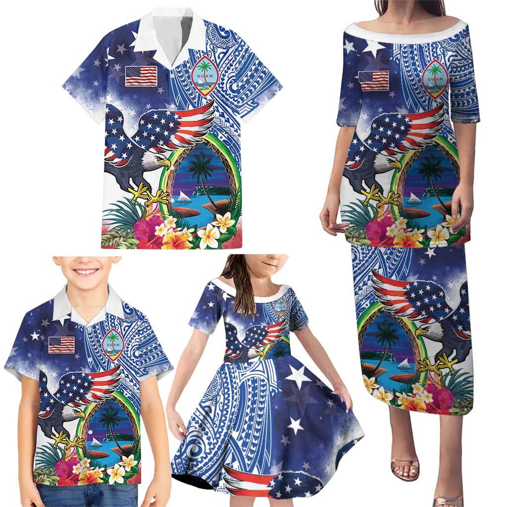 Guam and United States Together Family Matching Puletasi and Hawaiian Shirt Bald Eagle and Guam Seal with Flower and Tribal Tattoos LT03 - Polynesian Pride