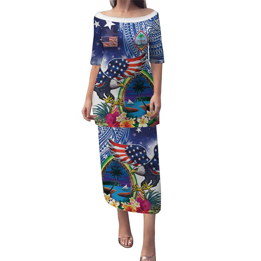 Guam and United States Together Family Matching Puletasi and Hawaiian Shirt Bald Eagle and Guam Seal with Flower and Tribal Tattoos LT03 Mom's Dress Multicolor - Polynesian Pride