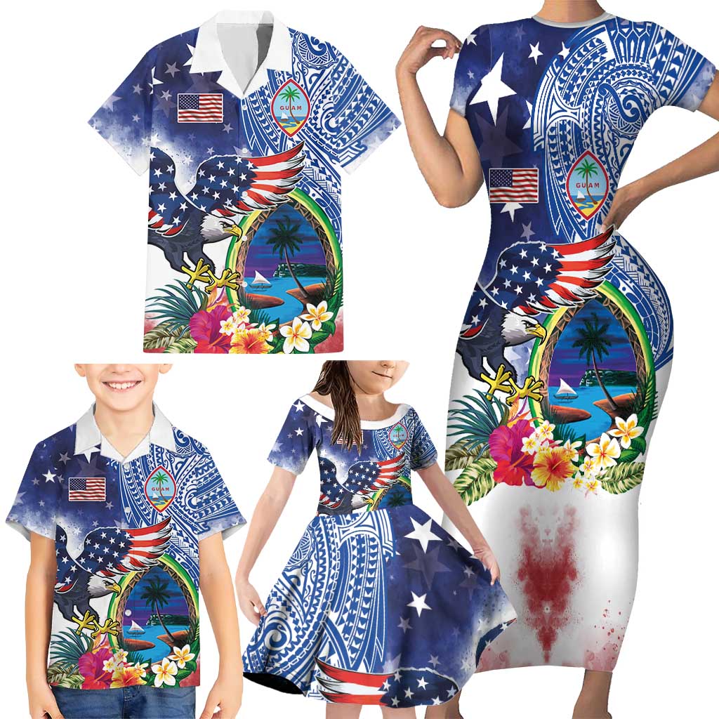 Guam and United States Together Family Matching Short Sleeve Bodycon Dress and Hawaiian Shirt Bald Eagle and Guam Seal with Flower and Tribal Tattoos LT03 - Polynesian Pride