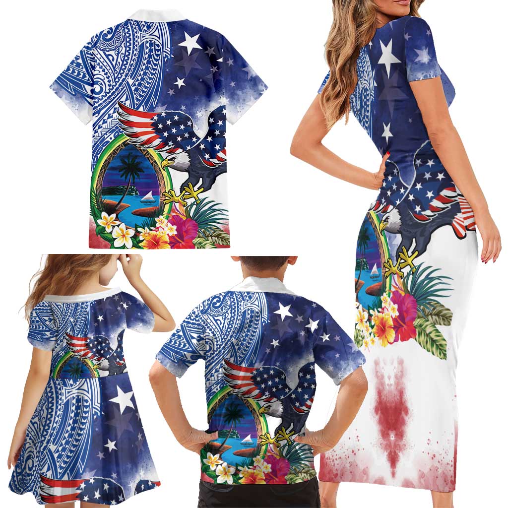 Guam and United States Together Family Matching Short Sleeve Bodycon Dress and Hawaiian Shirt Bald Eagle and Guam Seal with Flower and Tribal Tattoos LT03 - Polynesian Pride