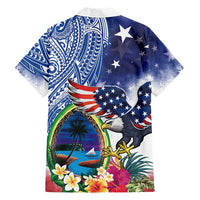 Guam and United States Together Family Matching Short Sleeve Bodycon Dress and Hawaiian Shirt Bald Eagle and Guam Seal with Flower and Tribal Tattoos LT03 - Polynesian Pride