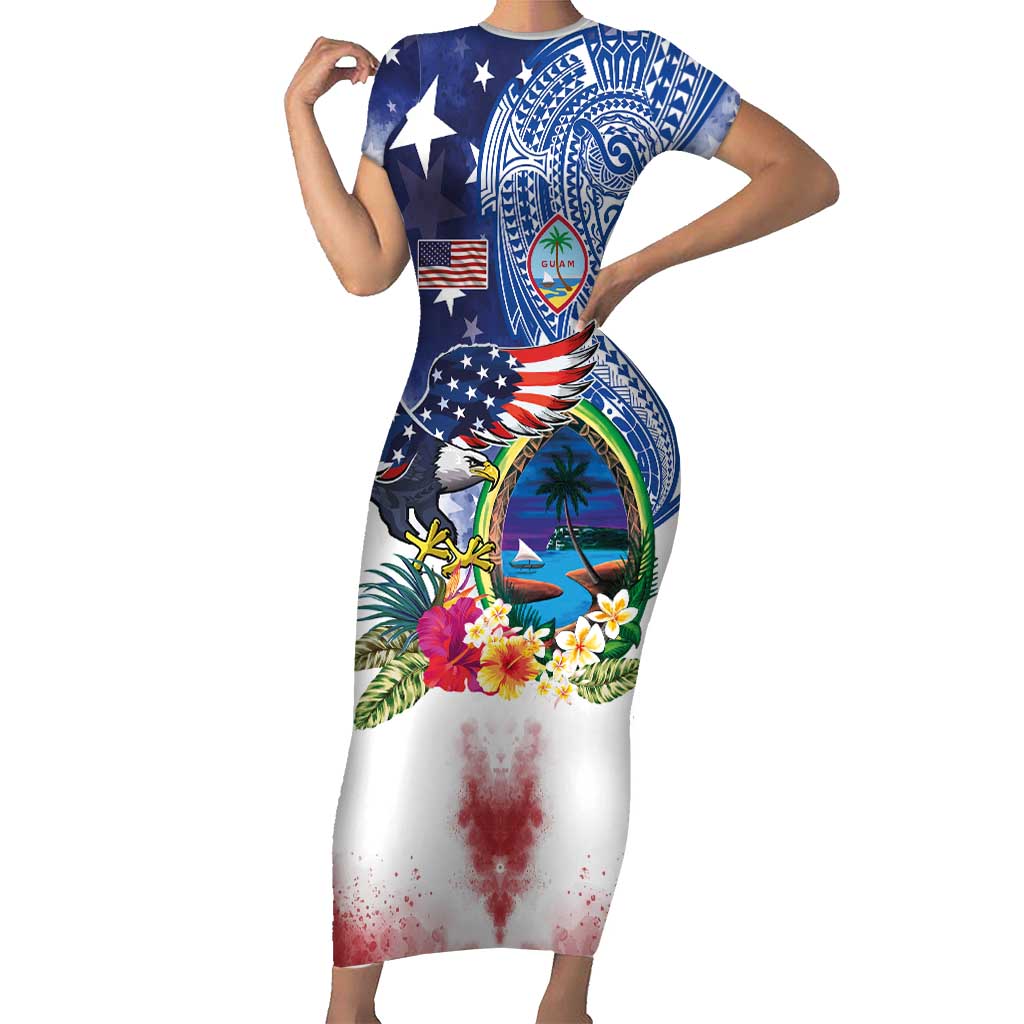 Guam and United States Together Family Matching Short Sleeve Bodycon Dress and Hawaiian Shirt Bald Eagle and Guam Seal with Flower and Tribal Tattoos LT03 Mom's Dress Multicolor - Polynesian Pride