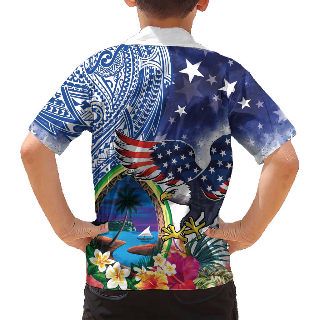 Guam and United States Together Family Matching Summer Maxi Dress and Hawaiian Shirt Bald Eagle and Guam Seal with Flower and Tribal Tattoos LT03 - Polynesian Pride