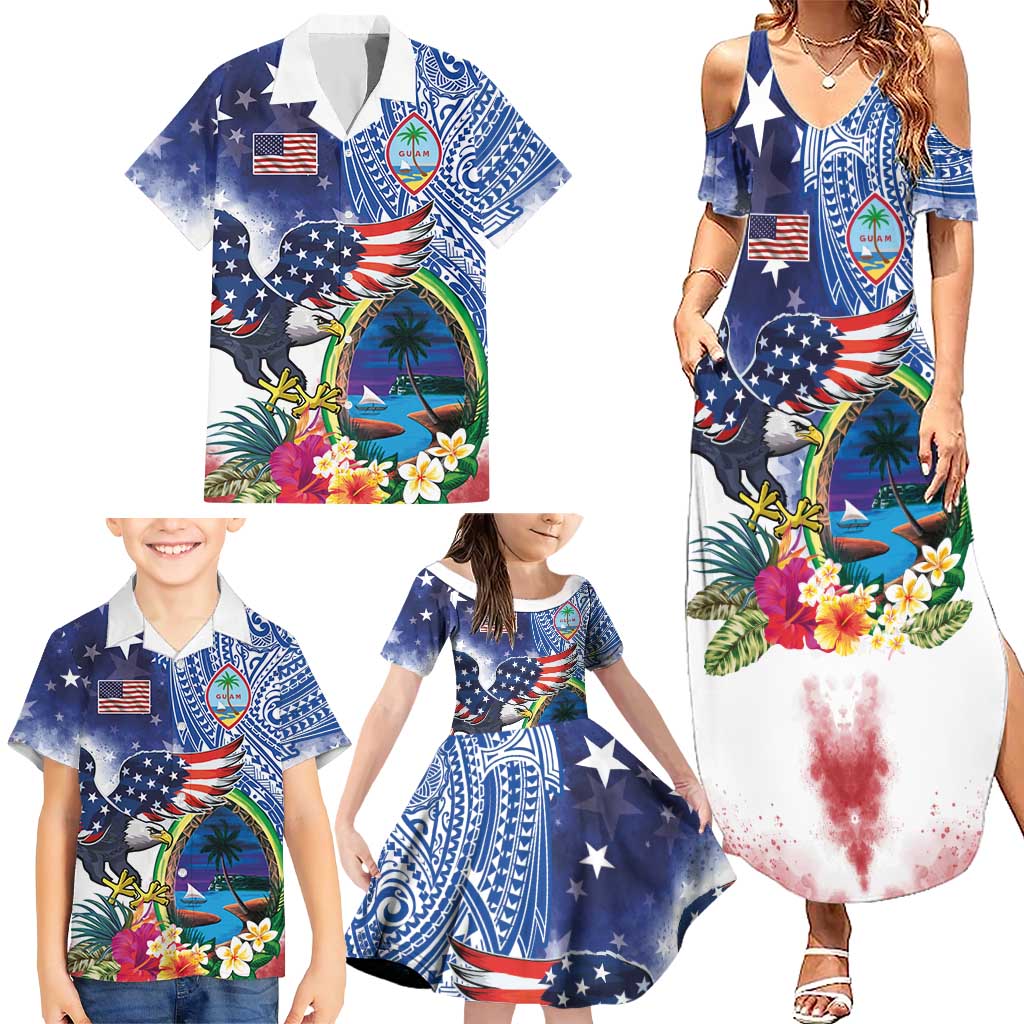 Guam and United States Together Family Matching Summer Maxi Dress and Hawaiian Shirt Bald Eagle and Guam Seal with Flower and Tribal Tattoos - Polynesian Pride