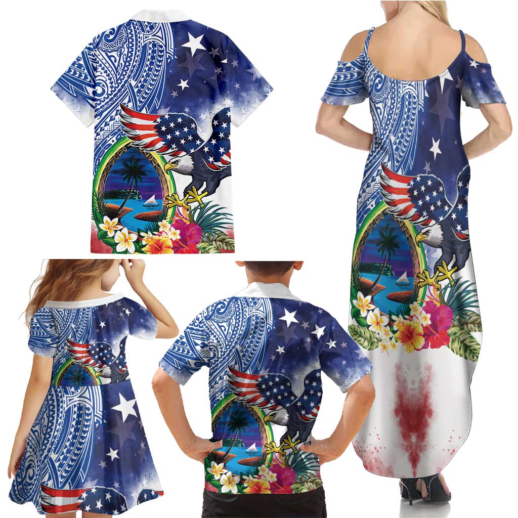 Guam and United States Together Family Matching Summer Maxi Dress and Hawaiian Shirt Bald Eagle and Guam Seal with Flower and Tribal Tattoos LT03 - Polynesian Pride