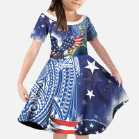 Guam and United States Together Family Matching Tank Maxi Dress and Hawaiian Shirt Bald Eagle and Guam Seal with Flower and Tribal Tattoos LT03 Daughter's Dress Multicolor - Polynesian Pride