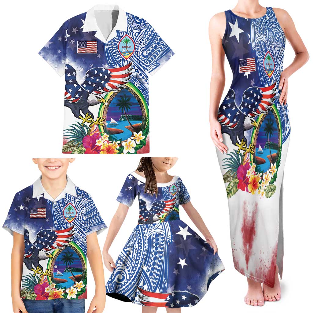 Guam and United States Together Family Matching Tank Maxi Dress and Hawaiian Shirt Bald Eagle and Guam Seal with Flower and Tribal Tattoos - Polynesian Pride