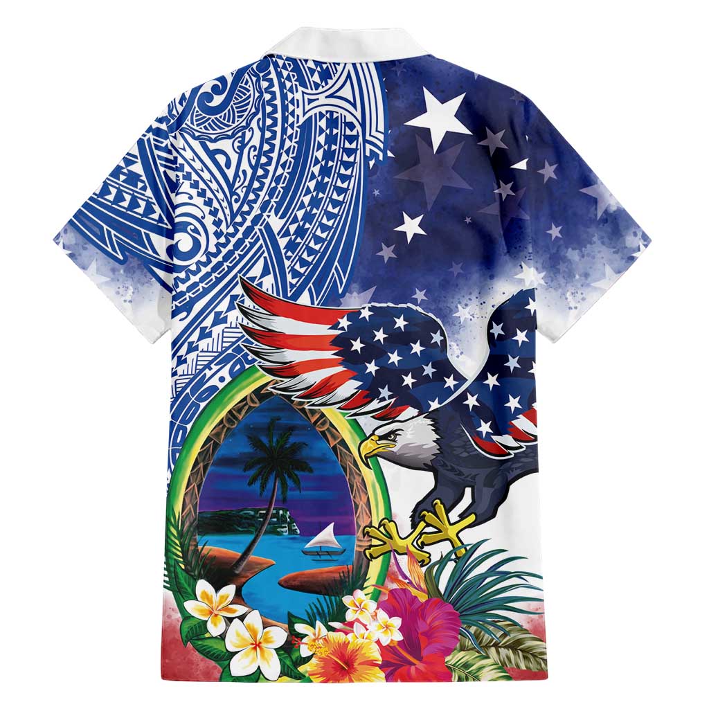 Guam and United States Together Family Matching Tank Maxi Dress and Hawaiian Shirt Bald Eagle and Guam Seal with Flower and Tribal Tattoos LT03 - Polynesian Pride