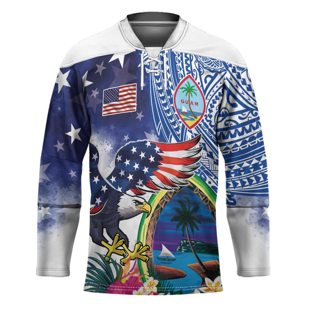 Guam and United States Together Hockey Jersey Bald Eagle and Guam Seal with Flower and Tribal Tattoos - Polynesian Pride