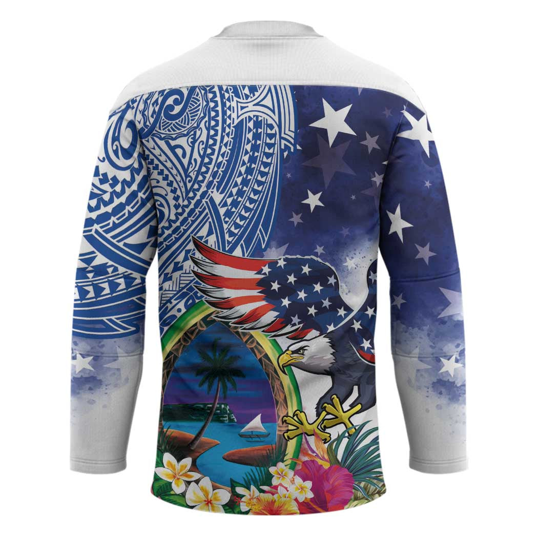 Guam and United States Together Hockey Jersey Bald Eagle and Guam Seal with Flower and Tribal Tattoos LT03 - Polynesian Pride