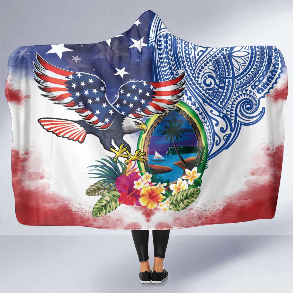 Guam and United States Together Hooded Blanket Bald Eagle and Guam Seal with Flower and Tribal Tattoos LT03 One Size Multicolor - Polynesian Pride