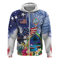 Guam and United States Together Hoodie Bald Eagle and Guam Seal with Flower and Tribal Tattoos - Polynesian Pride