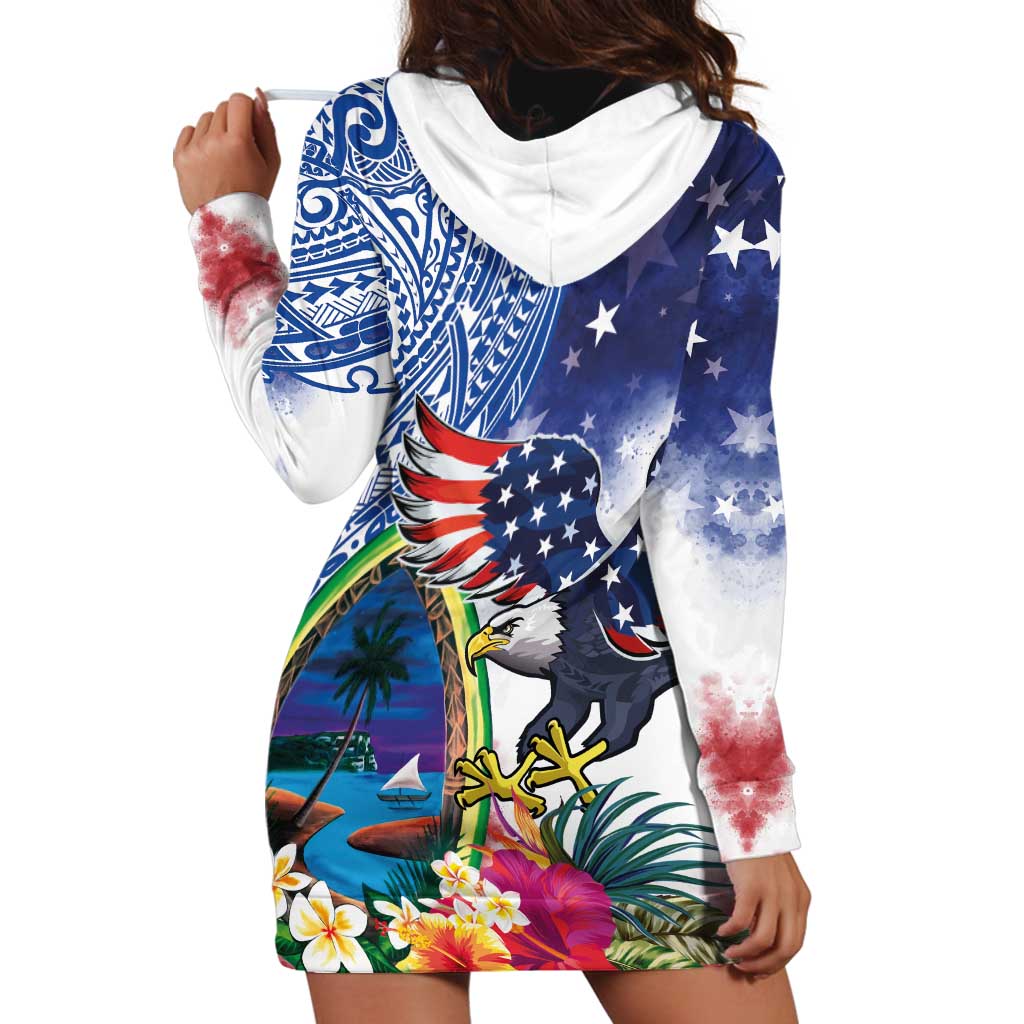 Guam and United States Together Hoodie Dress Bald Eagle and Guam Seal with Flower and Tribal Tattoos LT03 - Polynesian Pride