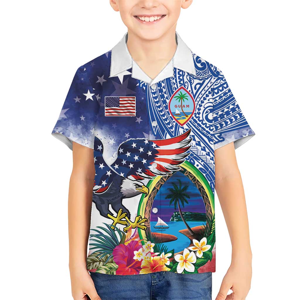 Guam and United States Together Kid Hawaiian Shirt Bald Eagle and Guam Seal with Flower and Tribal Tattoos - Polynesian Pride