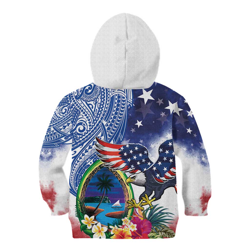 Guam and United States Together Kid Hoodie Bald Eagle and Guam Seal with Flower and Tribal Tattoos LT03 - Polynesian Pride