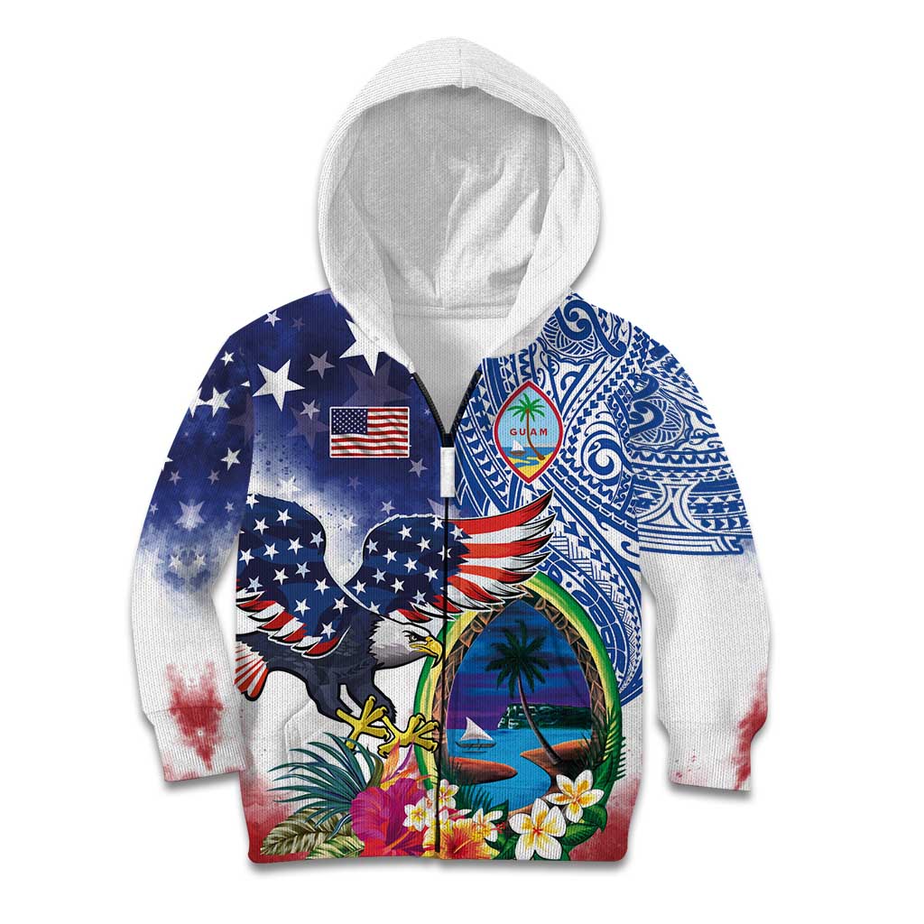 Guam and United States Together Kid Hoodie Bald Eagle and Guam Seal with Flower and Tribal Tattoos LT03 Zip Hoodie Multicolor - Polynesian Pride
