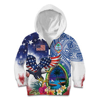 Guam and United States Together Kid Hoodie Bald Eagle and Guam Seal with Flower and Tribal Tattoos LT03 Zip Hoodie Multicolor - Polynesian Pride