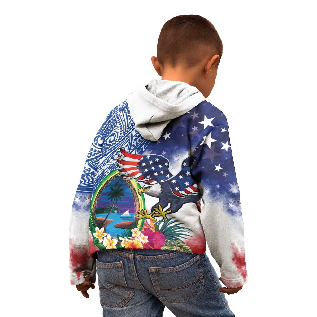 Guam and United States Together Kid Hoodie Bald Eagle and Guam Seal with Flower and Tribal Tattoos LT03 - Polynesian Pride