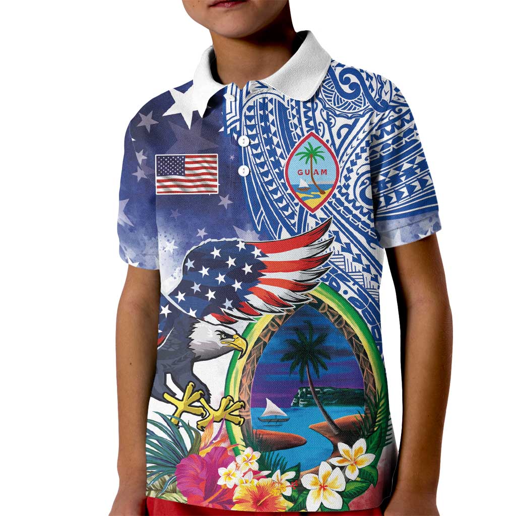 Guam and United States Together Kid Polo Shirt Bald Eagle and Guam Seal with Flower and Tribal Tattoos LT03 Kid Multicolor - Polynesian Pride