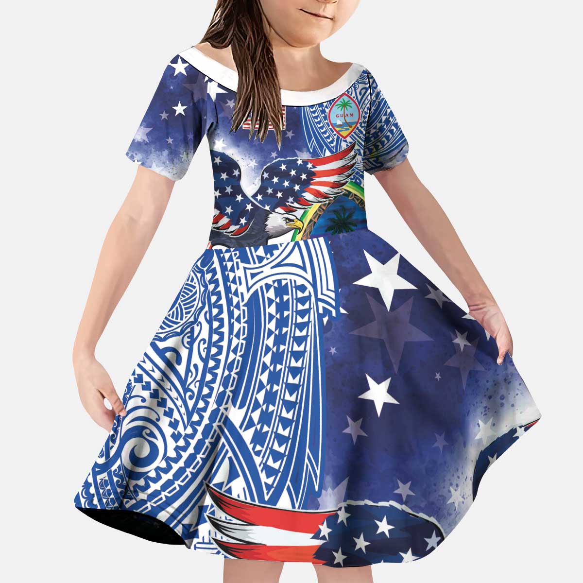 Guam and United States Together Kid Short Sleeve Dress Bald Eagle and Guam Seal with Flower and Tribal Tattoos - Polynesian Pride