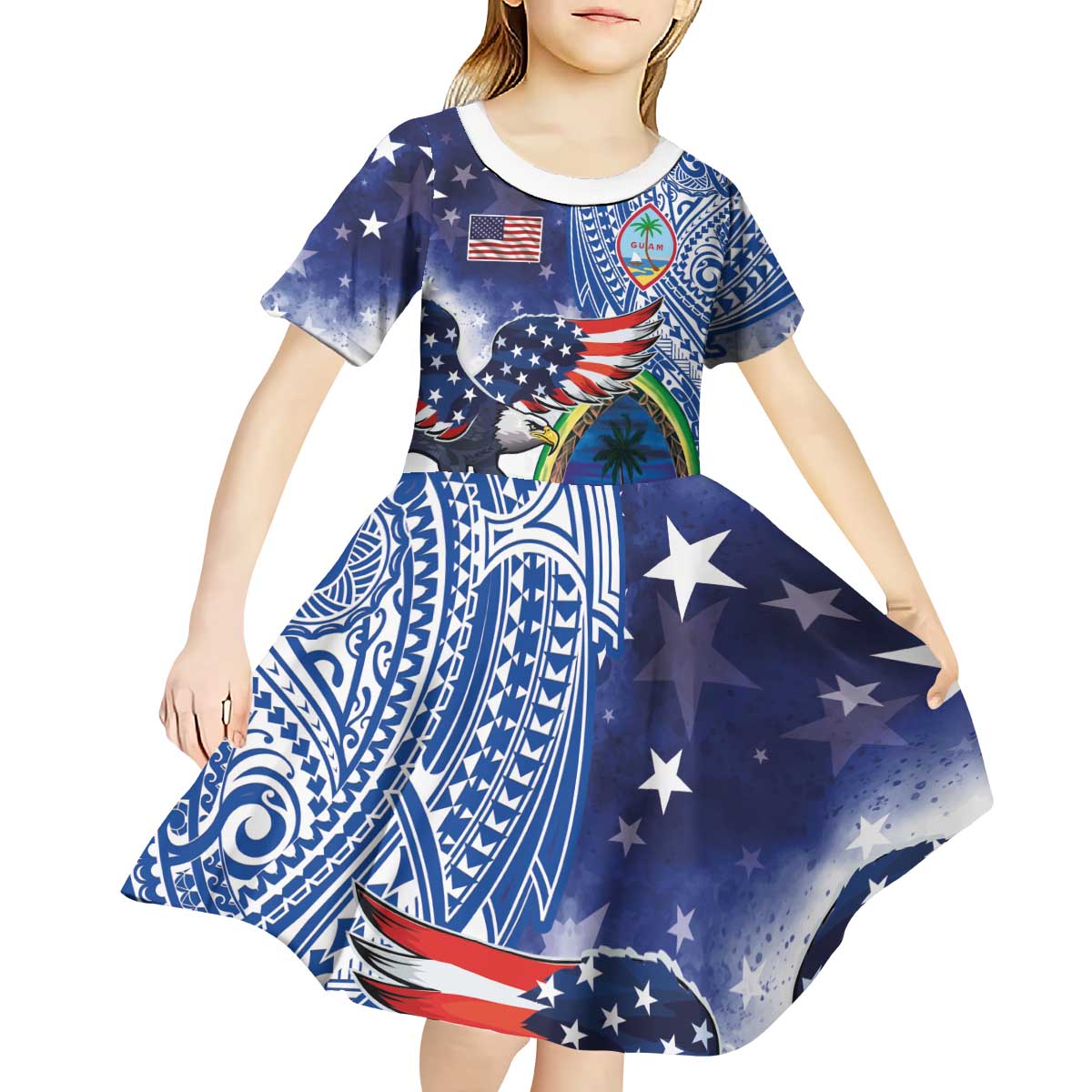 Guam and United States Together Kid Short Sleeve Dress Bald Eagle and Guam Seal with Flower and Tribal Tattoos LT03 - Polynesian Pride