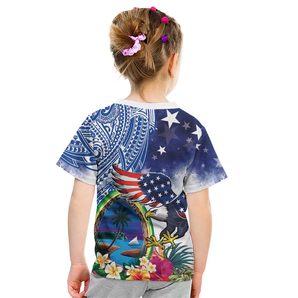 Guam and United States Together Kid T Shirt Bald Eagle and Guam Seal with Flower and Tribal Tattoos LT03 - Polynesian Pride