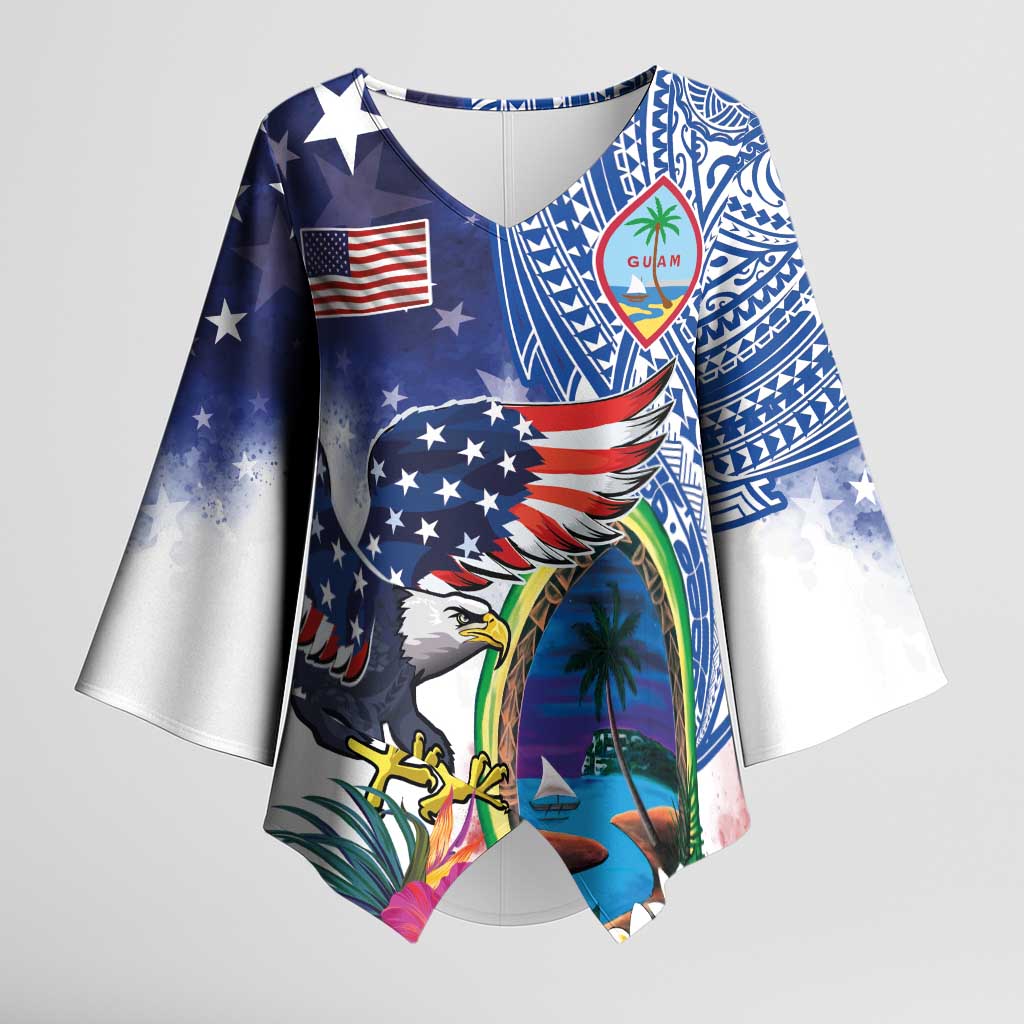 Guam and United States Together Kimono Sleeve Blouse Bald Eagle and Guam Seal with Flower and Tribal Tattoos LT03 Female Multicolor - Polynesian Pride