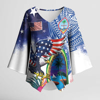 Guam and United States Together Kimono Sleeve Blouse Bald Eagle and Guam Seal with Flower and Tribal Tattoos LT03 Female Multicolor - Polynesian Pride