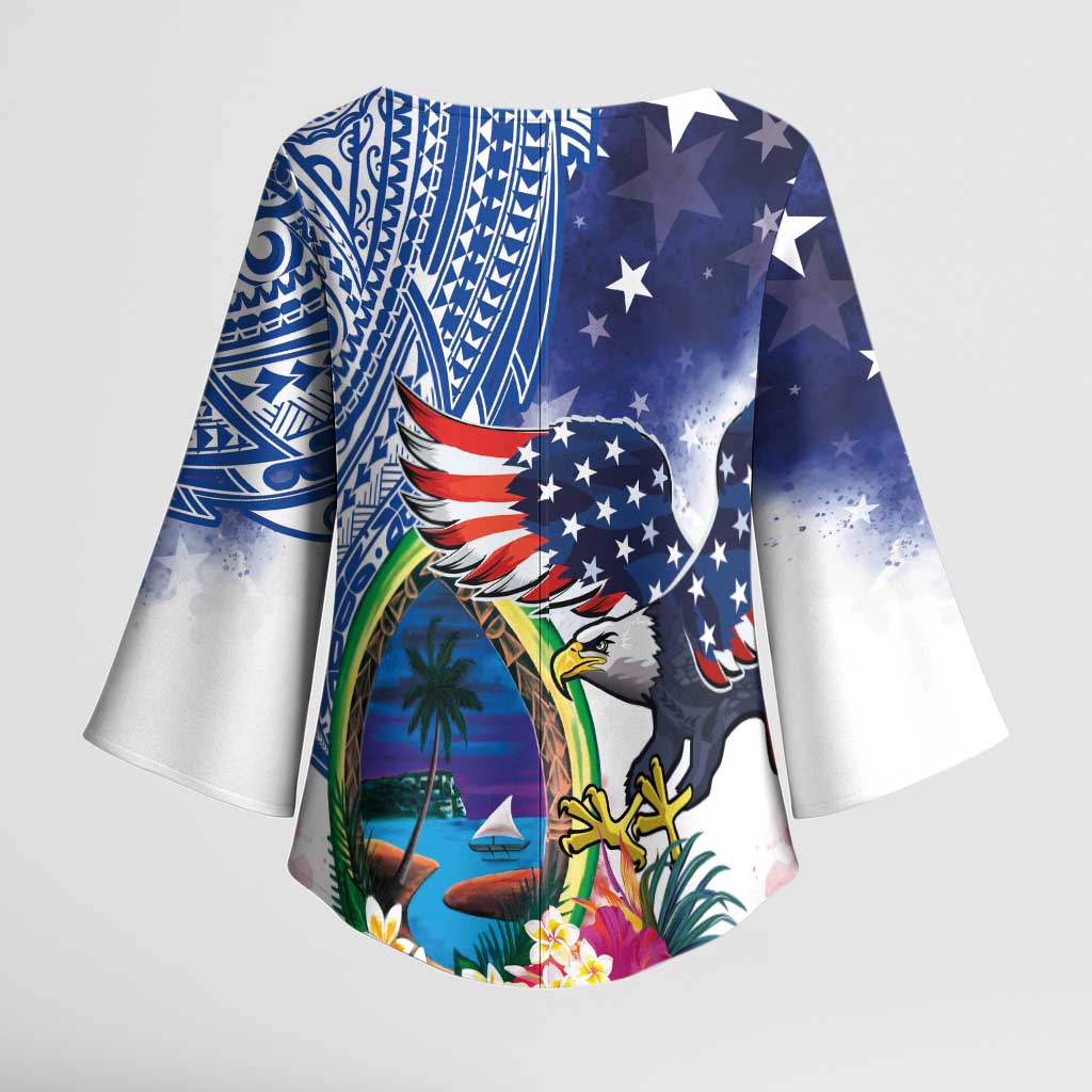 Guam and United States Together Kimono Sleeve Blouse Bald Eagle and Guam Seal with Flower and Tribal Tattoos LT03 - Polynesian Pride