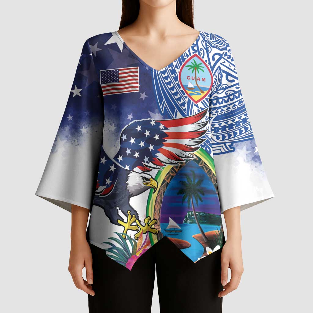Guam and United States Together Kimono Sleeve Blouse Bald Eagle and Guam Seal with Flower and Tribal Tattoos LT03 - Polynesian Pride