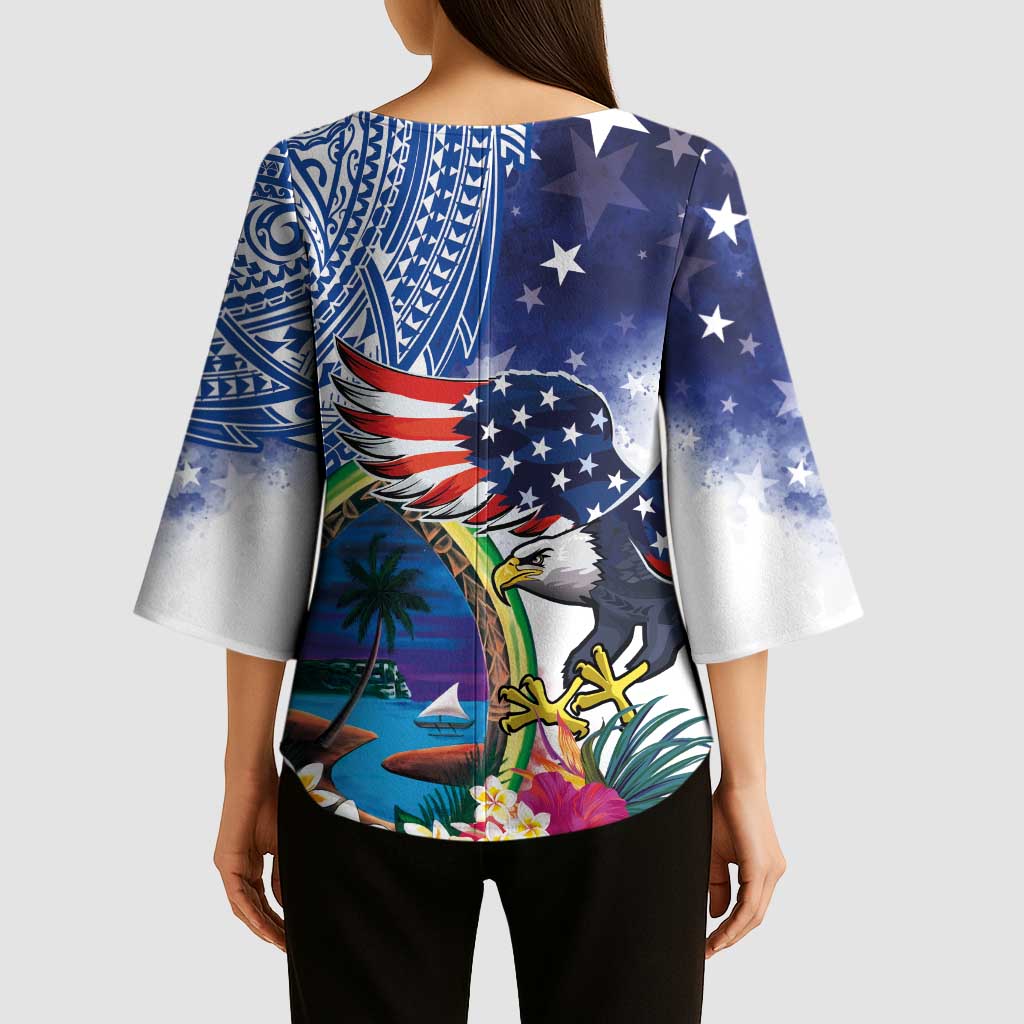 Guam and United States Together Kimono Sleeve Blouse Bald Eagle and Guam Seal with Flower and Tribal Tattoos LT03 - Polynesian Pride