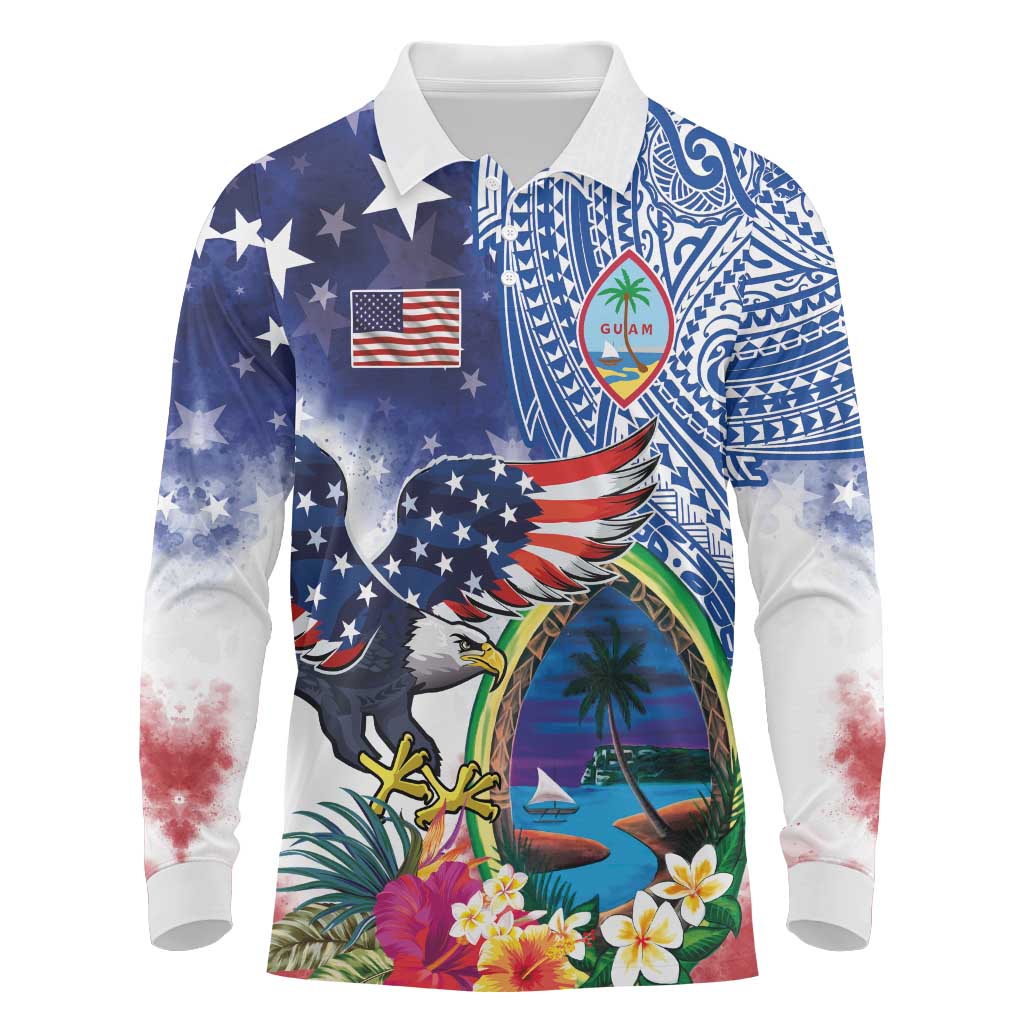 Guam and United States Together Long Sleeve Polo Shirt Bald Eagle and Guam Seal with Flower and Tribal Tattoos - Polynesian Pride