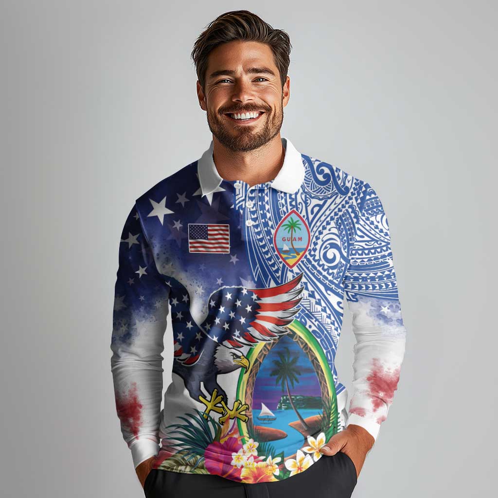 Guam and United States Together Long Sleeve Polo Shirt Bald Eagle and Guam Seal with Flower and Tribal Tattoos - Polynesian Pride