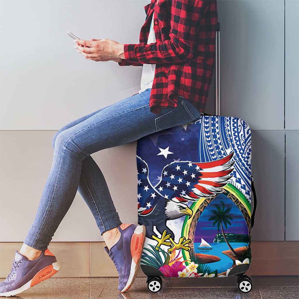 Guam and United States Together Luggage Cover Bald Eagle and Guam Seal with Flower and Tribal Tattoos LT03 - Polynesian Pride