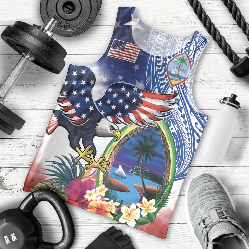 Guam and United States Together Men Tank Top Bald Eagle and Guam Seal with Flower and Tribal Tattoos - Polynesian Pride
