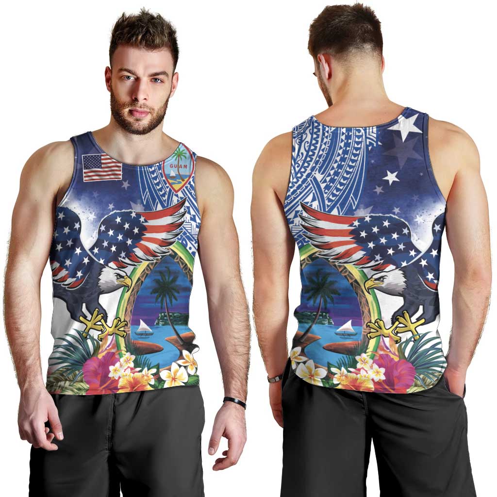 Guam and United States Together Men Tank Top Bald Eagle and Guam Seal with Flower and Tribal Tattoos - Polynesian Pride