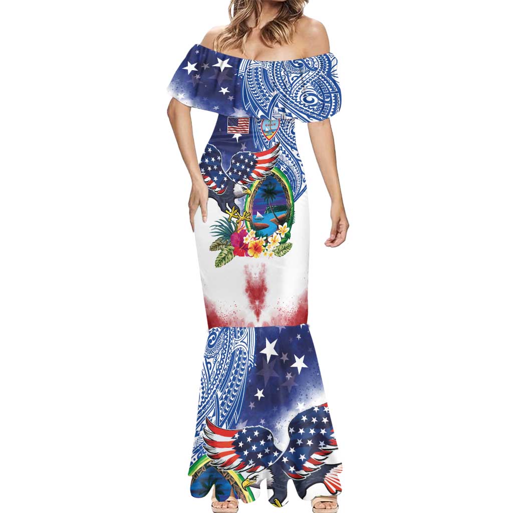 Guam and United States Together Mermaid Dress Bald Eagle and Guam Seal with Flower and Tribal Tattoos LT03 - Polynesian Pride