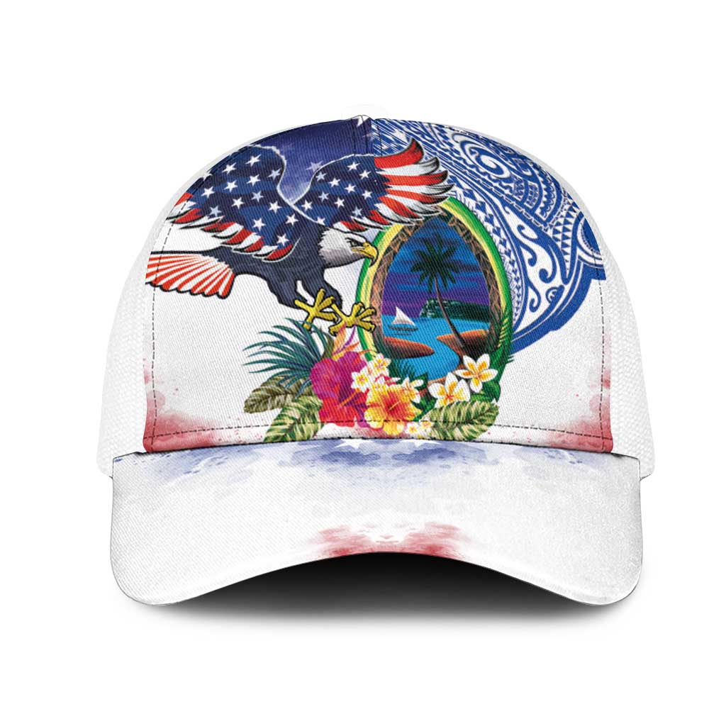 Guam and United States Together Mesh Trucker Cap Bald Eagle and Guam Seal with Flower and Tribal Tattoos - Polynesian Pride