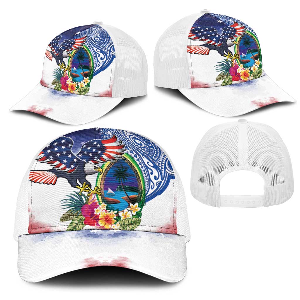 Guam and United States Together Mesh Trucker Cap Bald Eagle and Guam Seal with Flower and Tribal Tattoos - Polynesian Pride