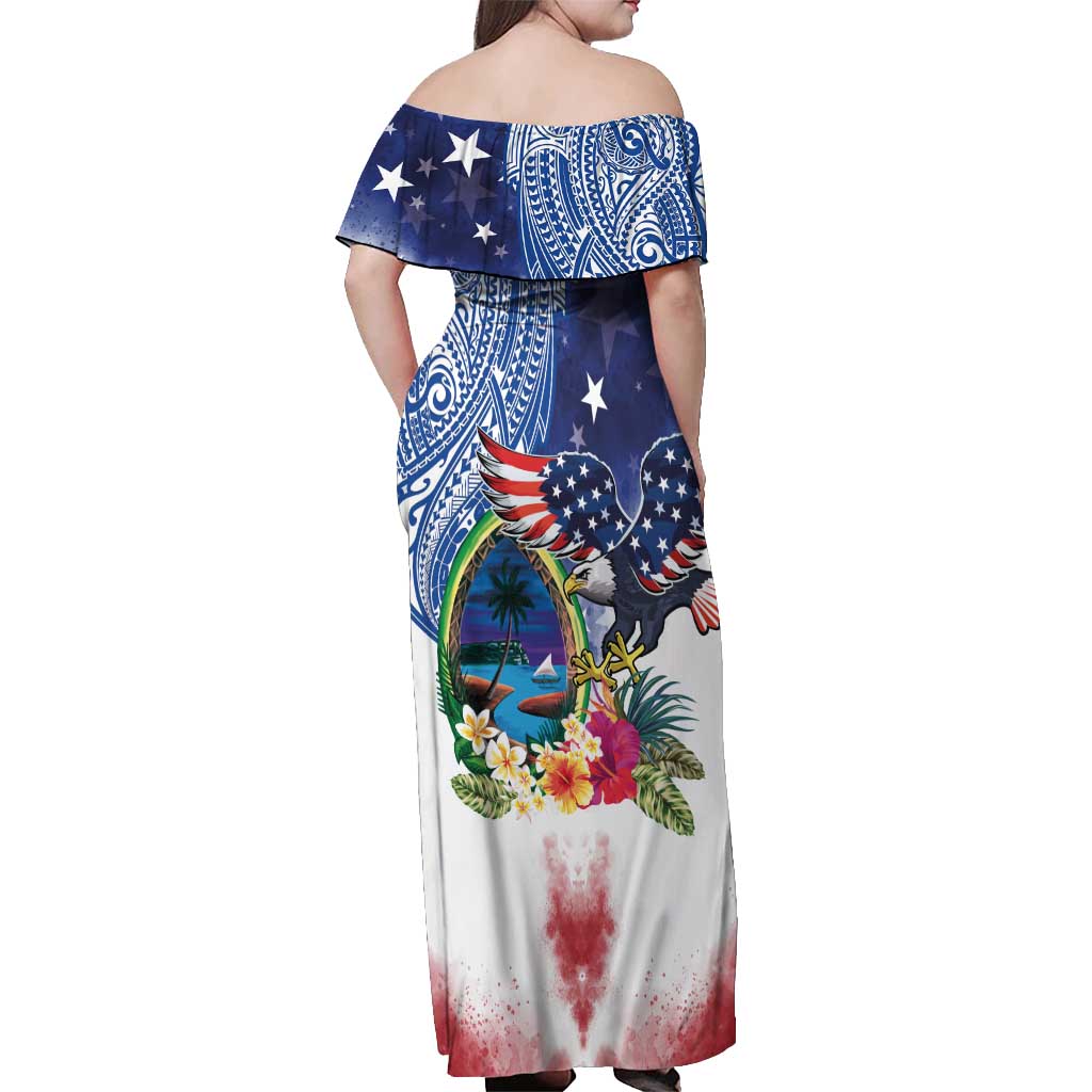 Guam and United States Together Off Shoulder Maxi Dress Bald Eagle and Guam Seal with Flower and Tribal Tattoos LT03 - Polynesian Pride
