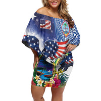 Guam and United States Together Off Shoulder Short Dress Bald Eagle and Guam Seal with Flower and Tribal Tattoos LT03 Women Multicolor - Polynesian Pride
