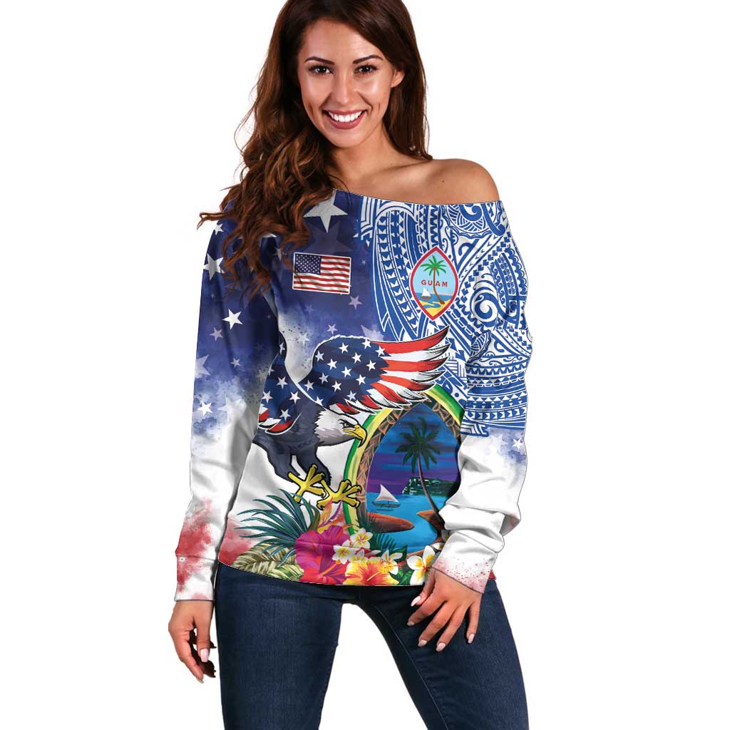 Guam and United States Together Off Shoulder Sweater Bald Eagle and Guam Seal with Flower and Tribal Tattoos LT03 Women Multicolor - Polynesian Pride