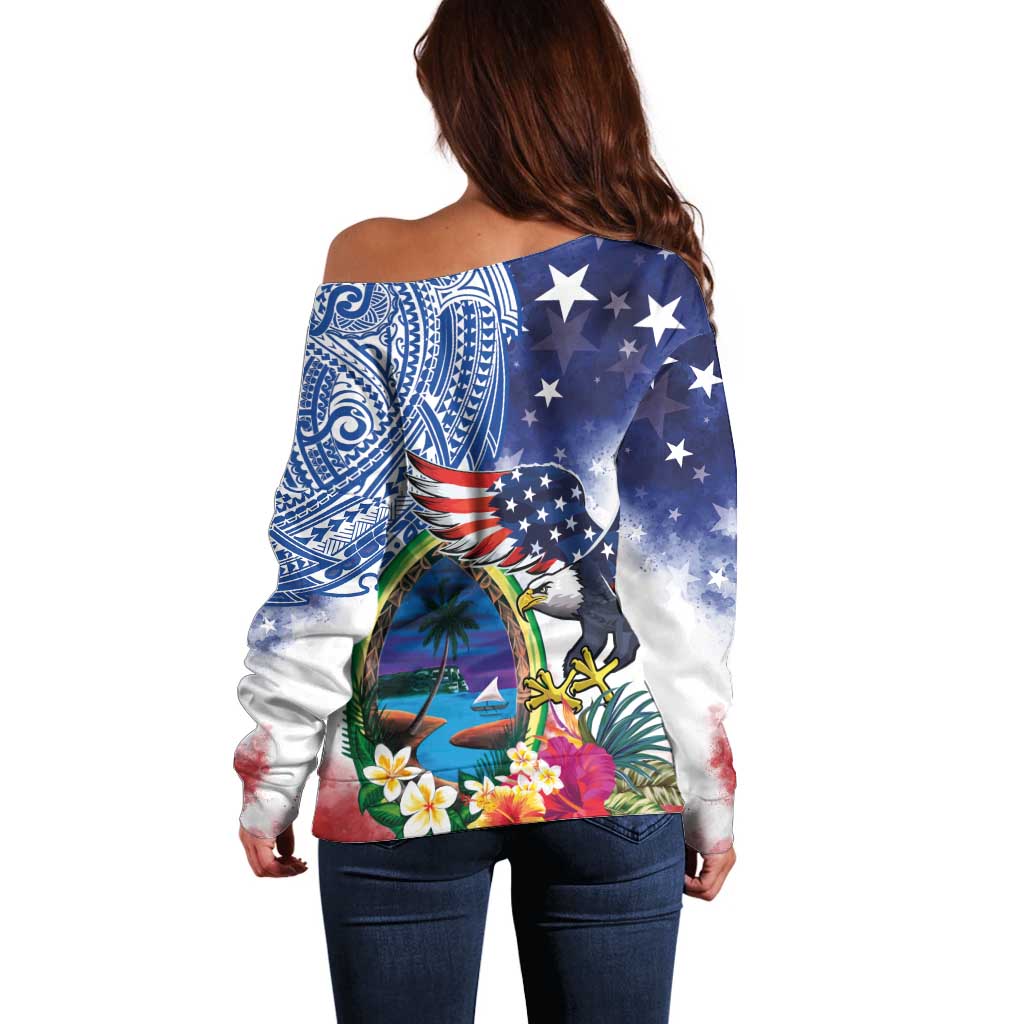 Guam and United States Together Off Shoulder Sweater Bald Eagle and Guam Seal with Flower and Tribal Tattoos LT03 - Polynesian Pride